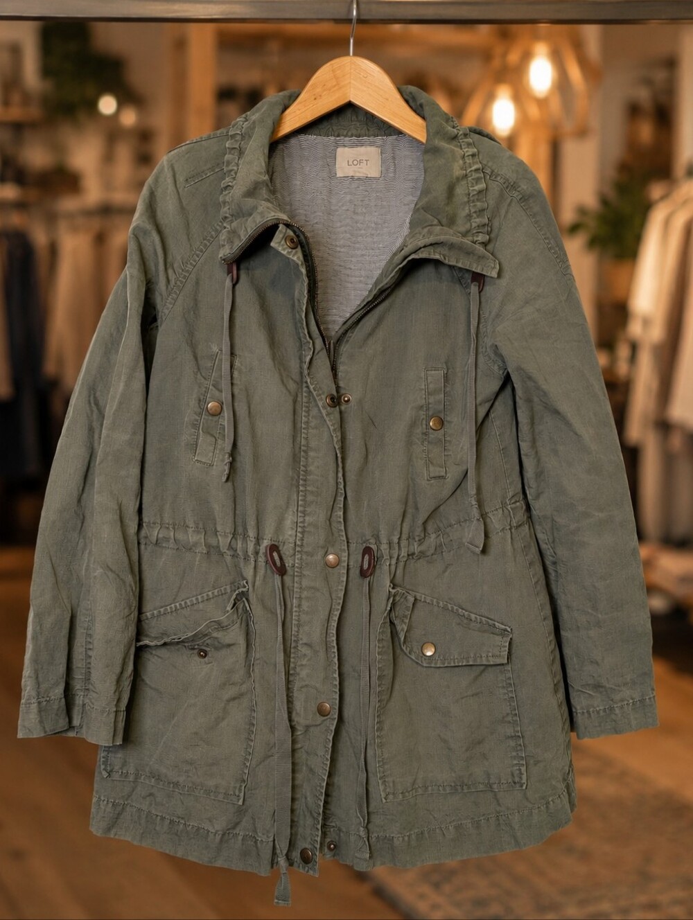 LOFT Utility Jacket Medium Olive Linen Blend Anorak Coastal Casual Layering